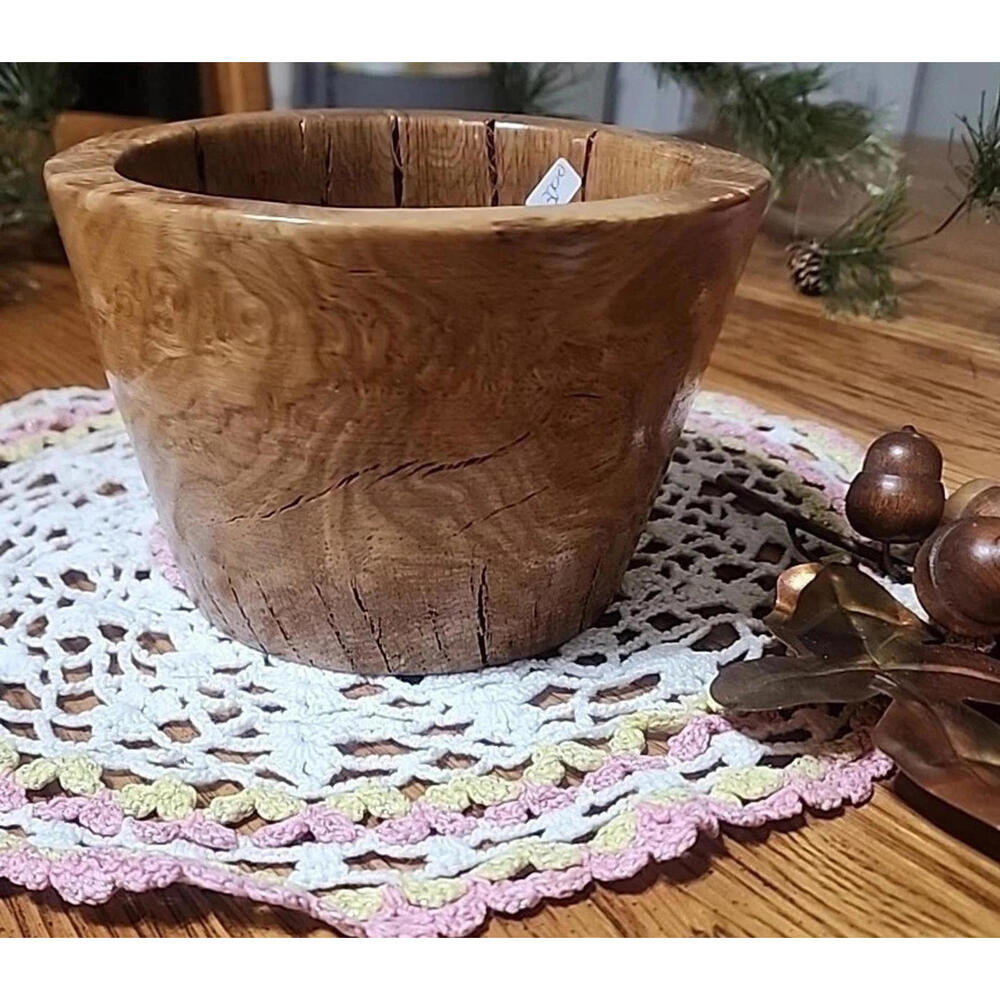 Hand Crafted Wood Turned OAK Bowl Rustic Cabin 5" X 3" Natural Crack Primitive